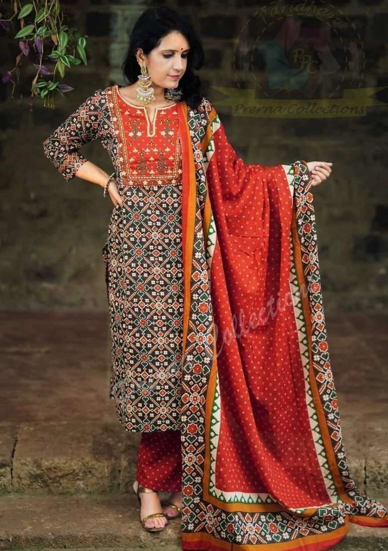 Red Printed Cotton Kurta Set - Indya