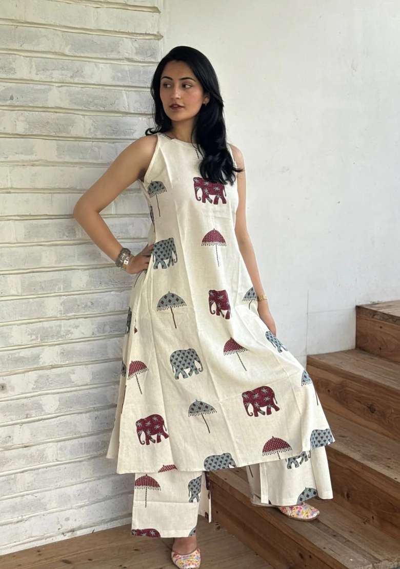 Off White Printed Cotton Kurta Set - Indya