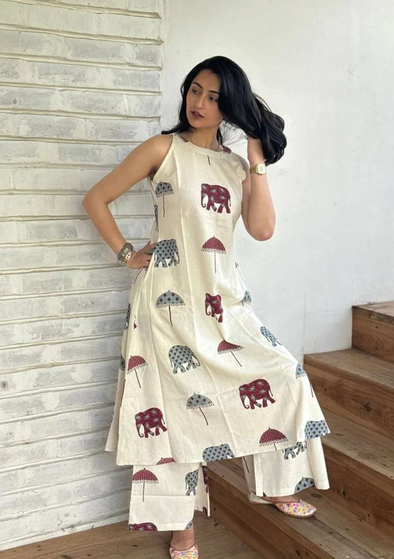 Off White Printed Cotton Kurta Set - Indya