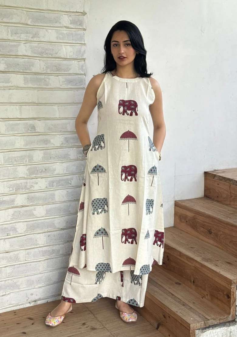 Off White Printed Cotton Kurta Set - Indya