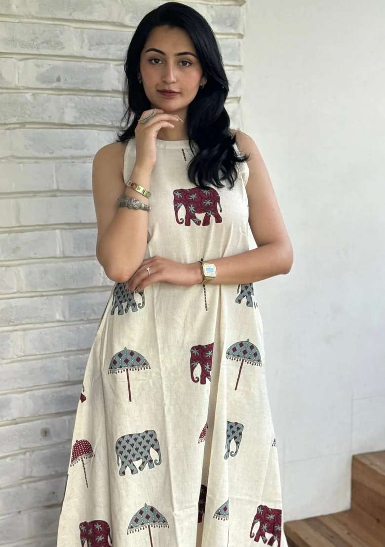 Off White Printed Cotton Kurta Set - Indya