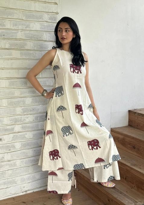 Off White Printed Cotton Kurta Set