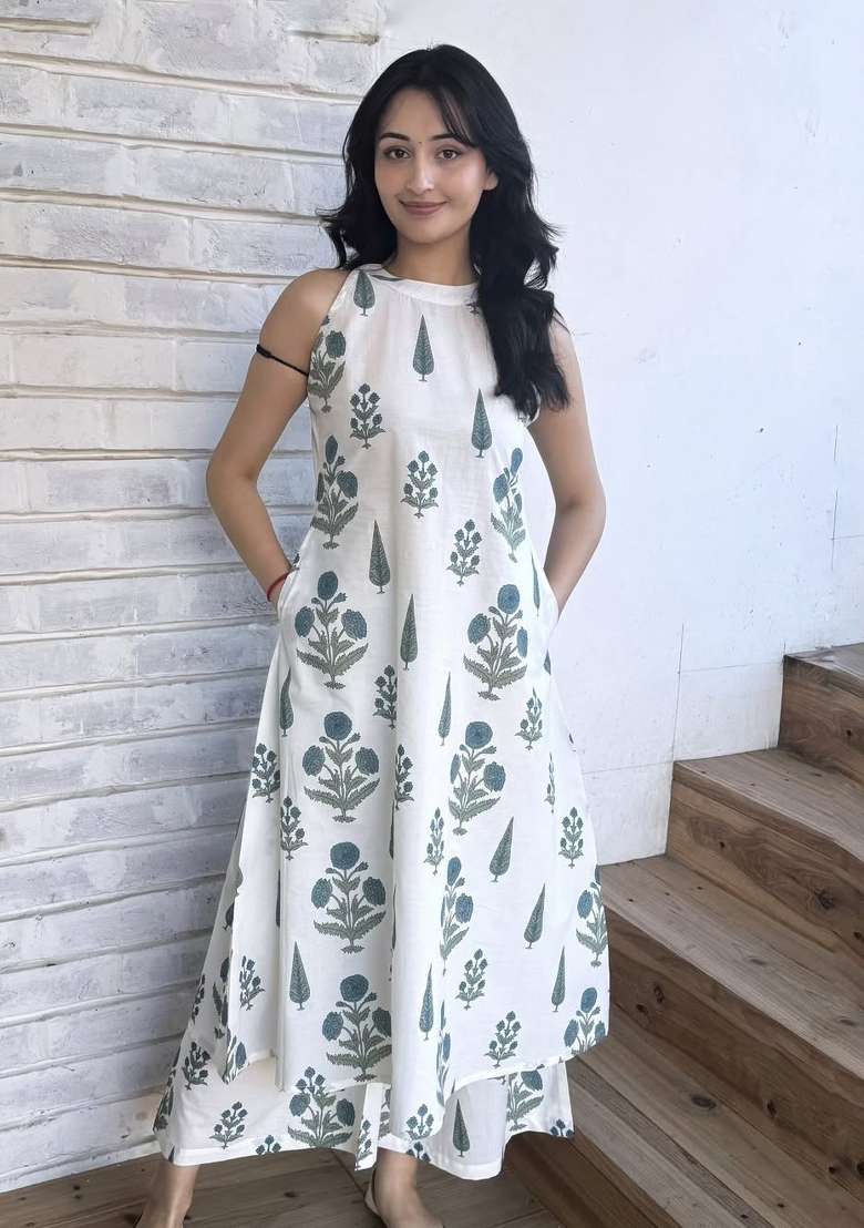 Off White Printed Cotton Kurta Set - Indya