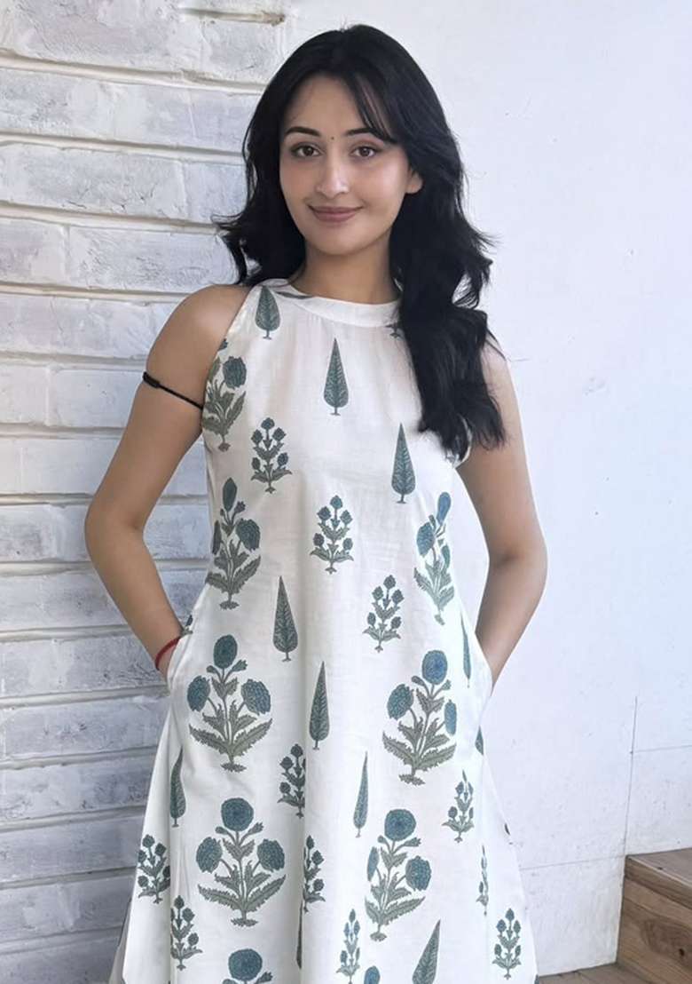 Off White Printed Cotton Kurta Set - Indya