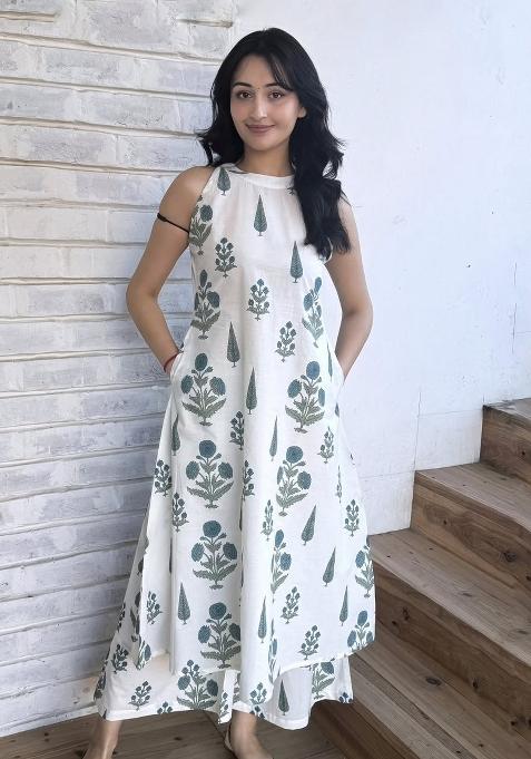 Off White Printed Cotton Kurta Set