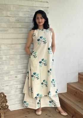 Off White Printed Cotton Kurta Set