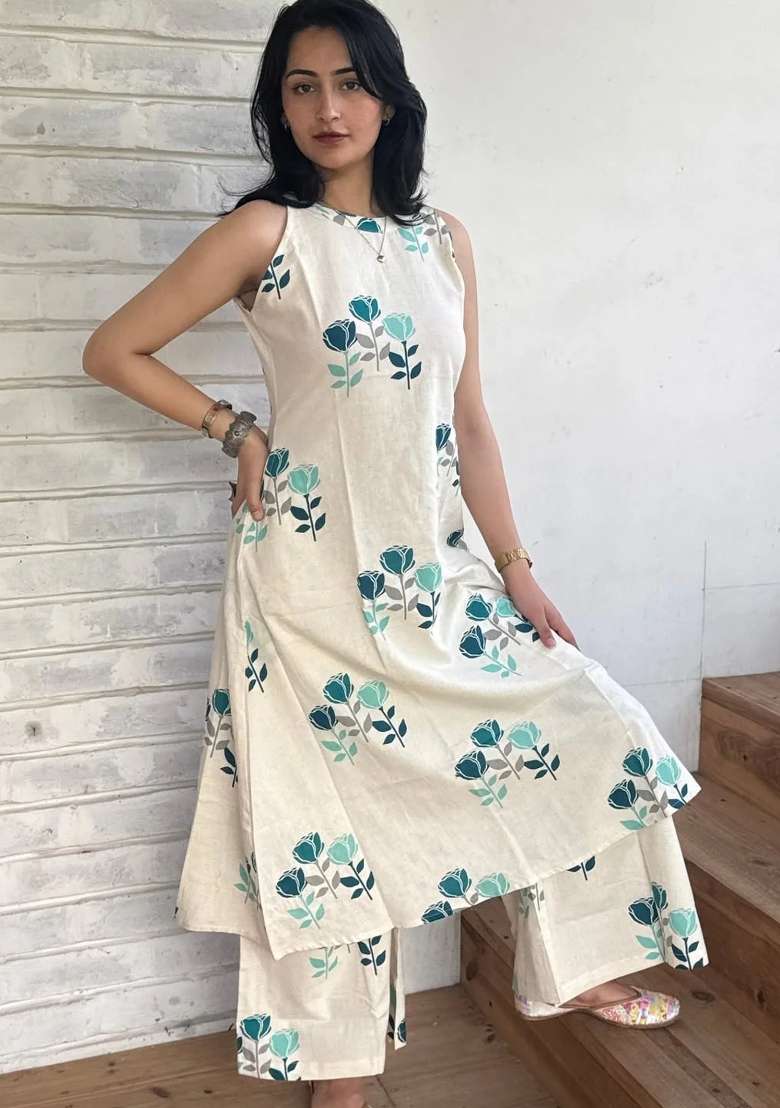 Off White Printed Cotton Kurta Set - Indya
