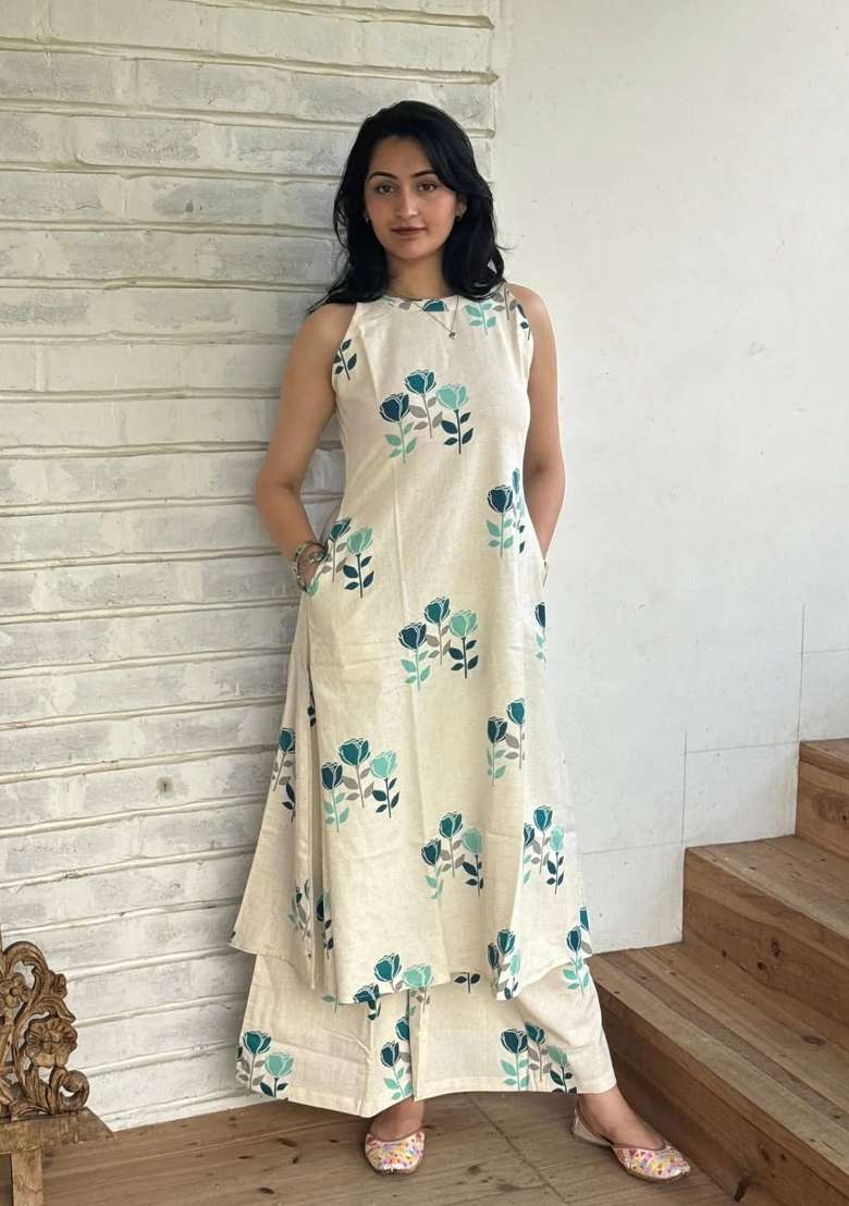 Off White Printed Cotton Kurta Set - Indya