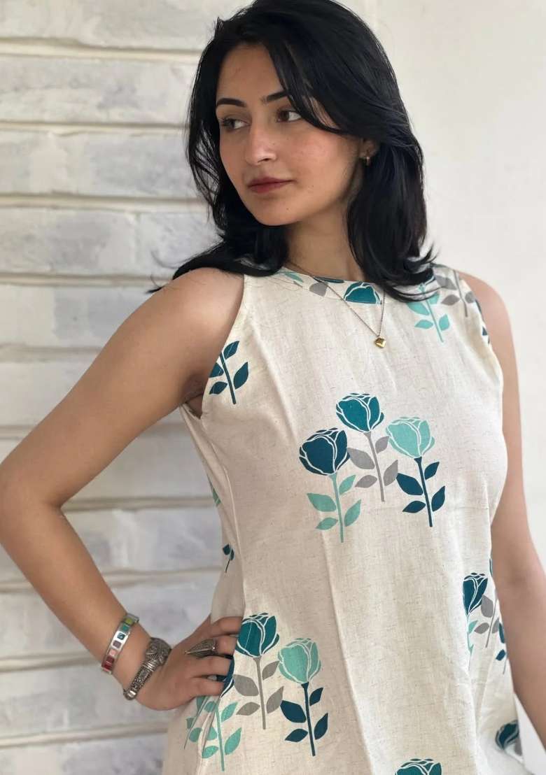 Off White Printed Cotton Kurta Set - Indya