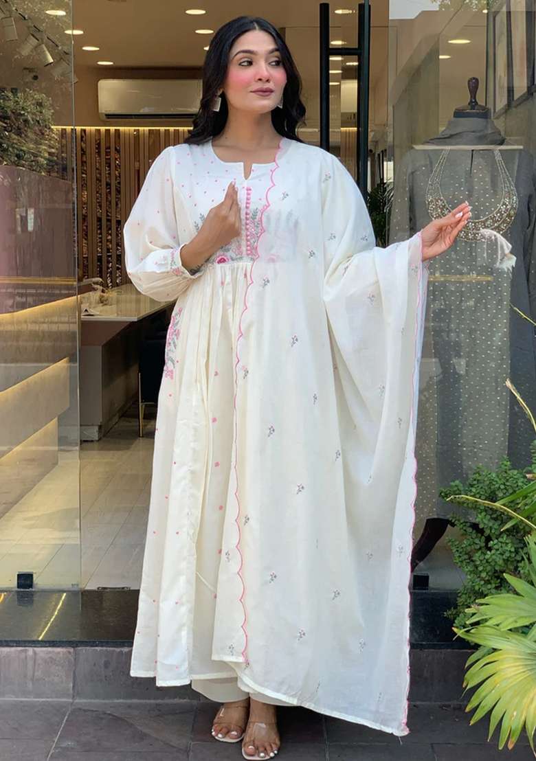 White Printed Cotton Kurta Set - Indya