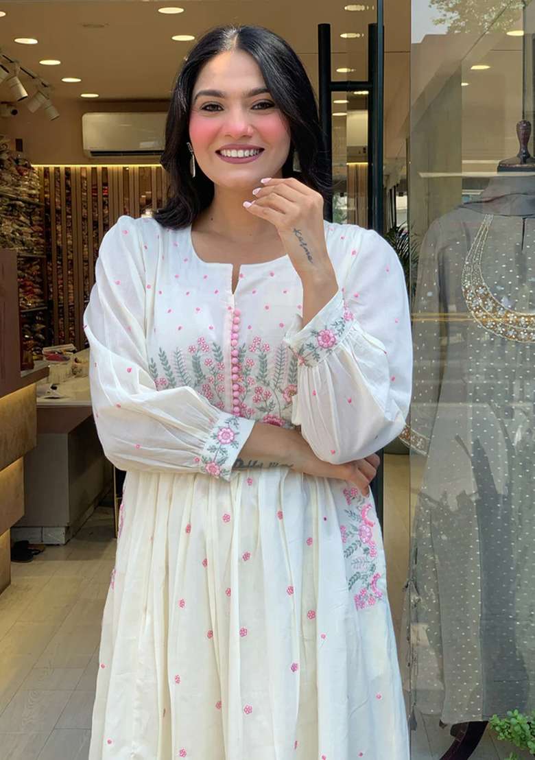 White Printed Cotton Kurta Set - Indya