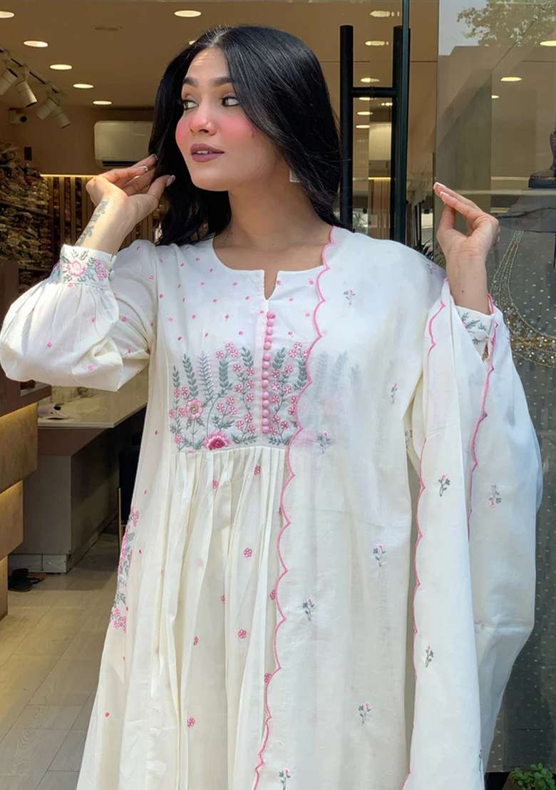 White Printed Cotton Kurta Set - Indya