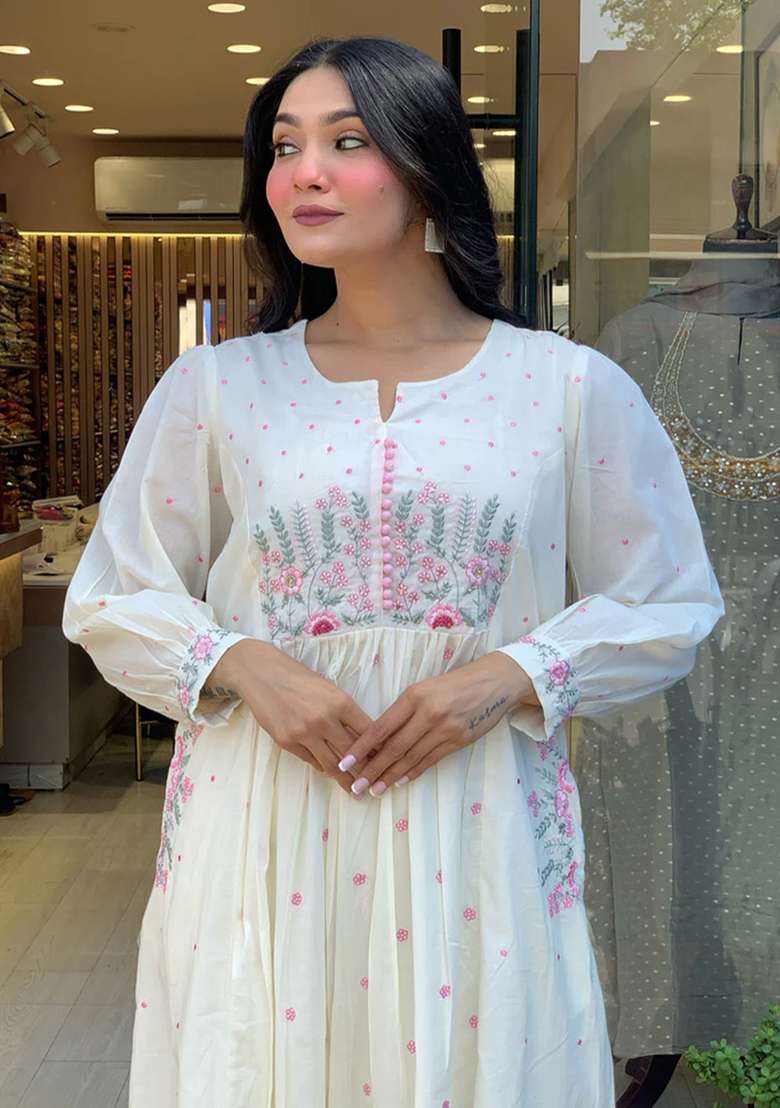 White Printed Cotton Kurta Set - Indya