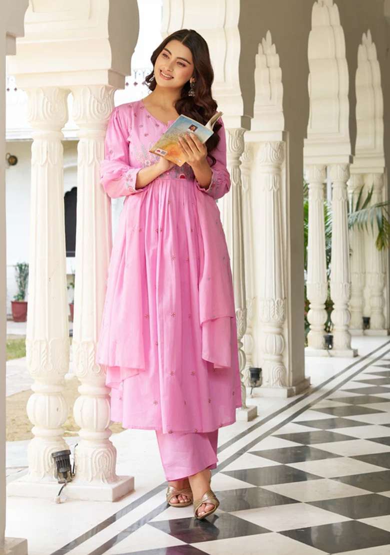 Pink Printed Cotton Kurta Set - Indya
