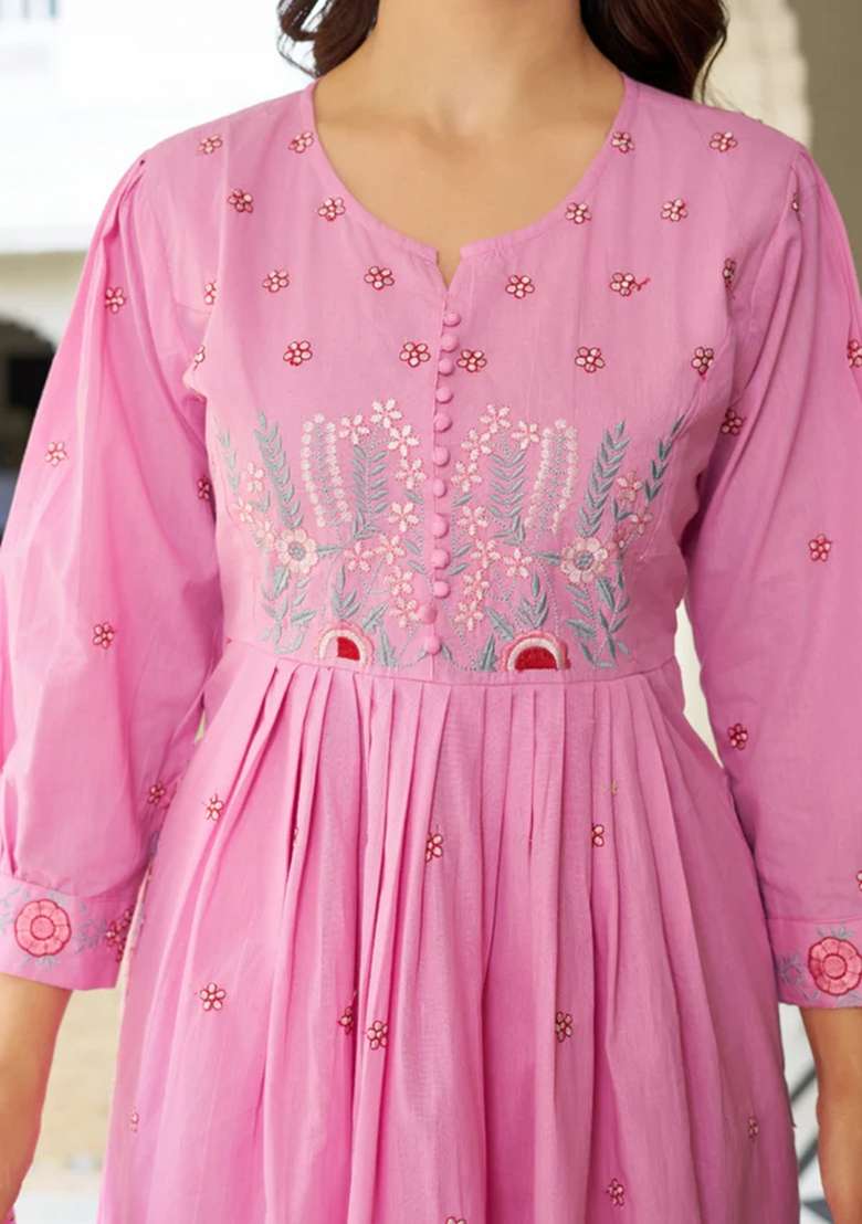 Pink Printed Cotton Kurta Set - Indya