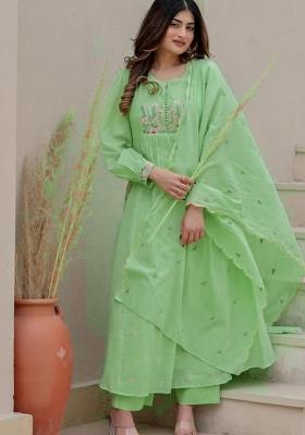 Green Printed Cotton Kurta Set