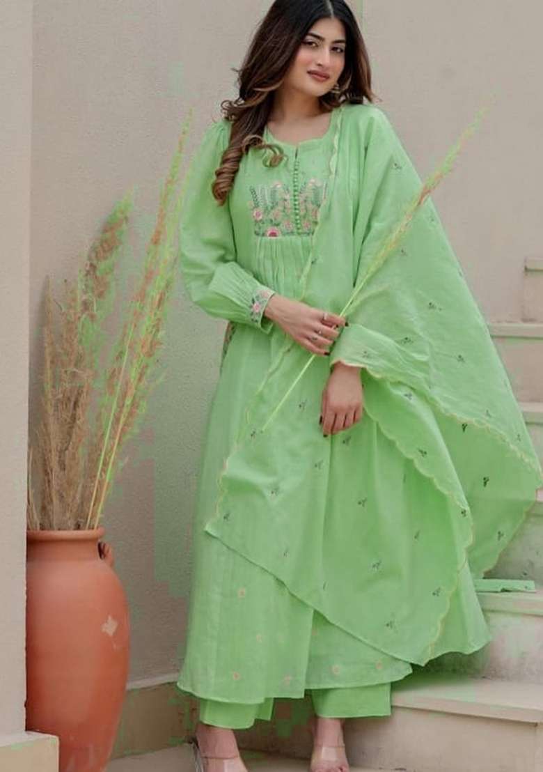 Green Printed Cotton Kurta Set - Indya