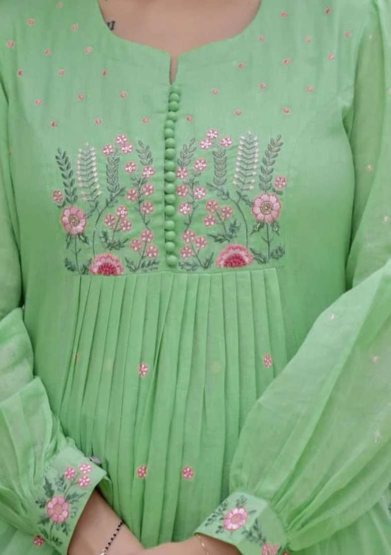 Green Printed Cotton Kurta Set - Indya