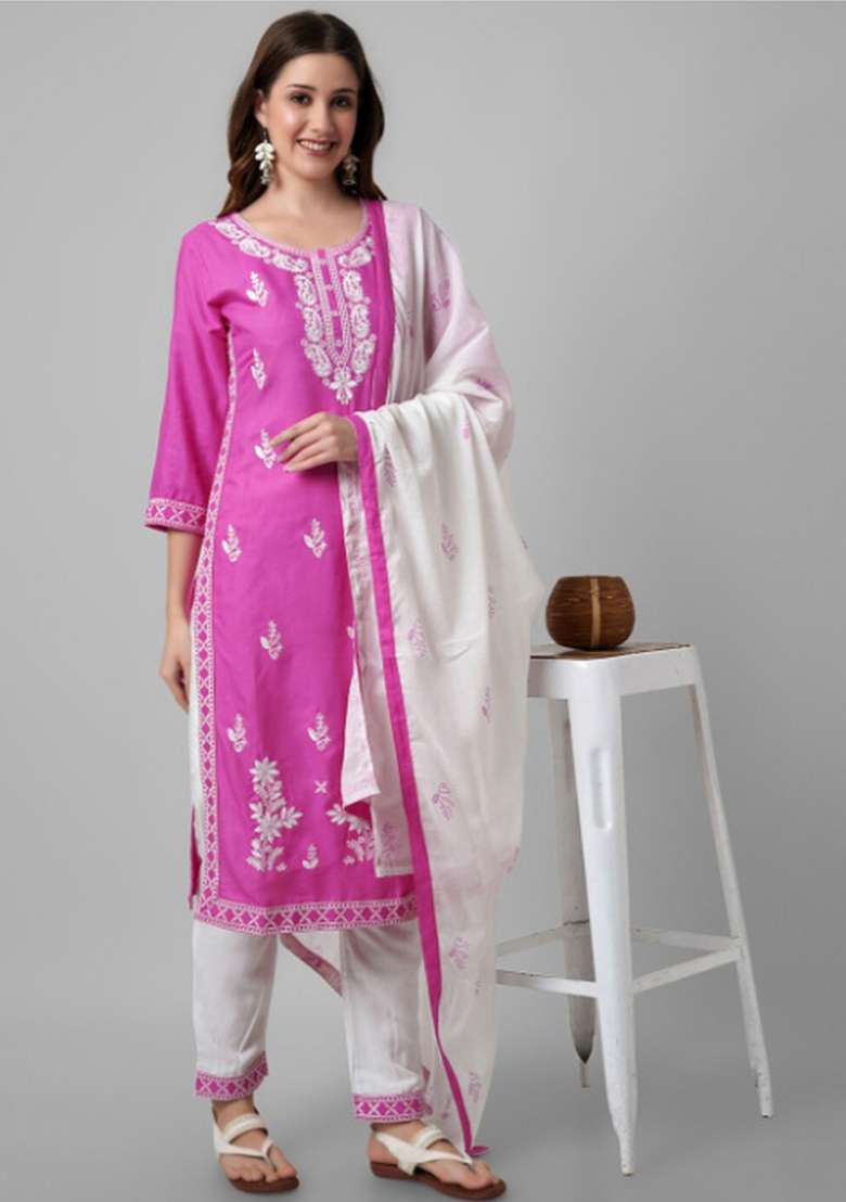 Pink Printed Cotton Kurta Set - Indya