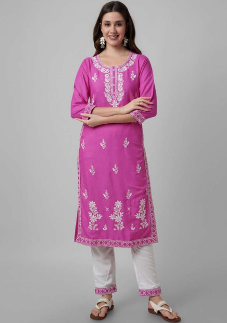 Pink Printed Cotton Kurta Set - Indya