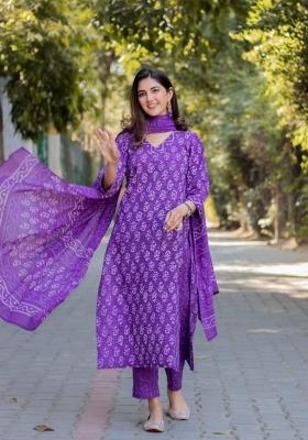 Purple Printed Cotton Kurta Set