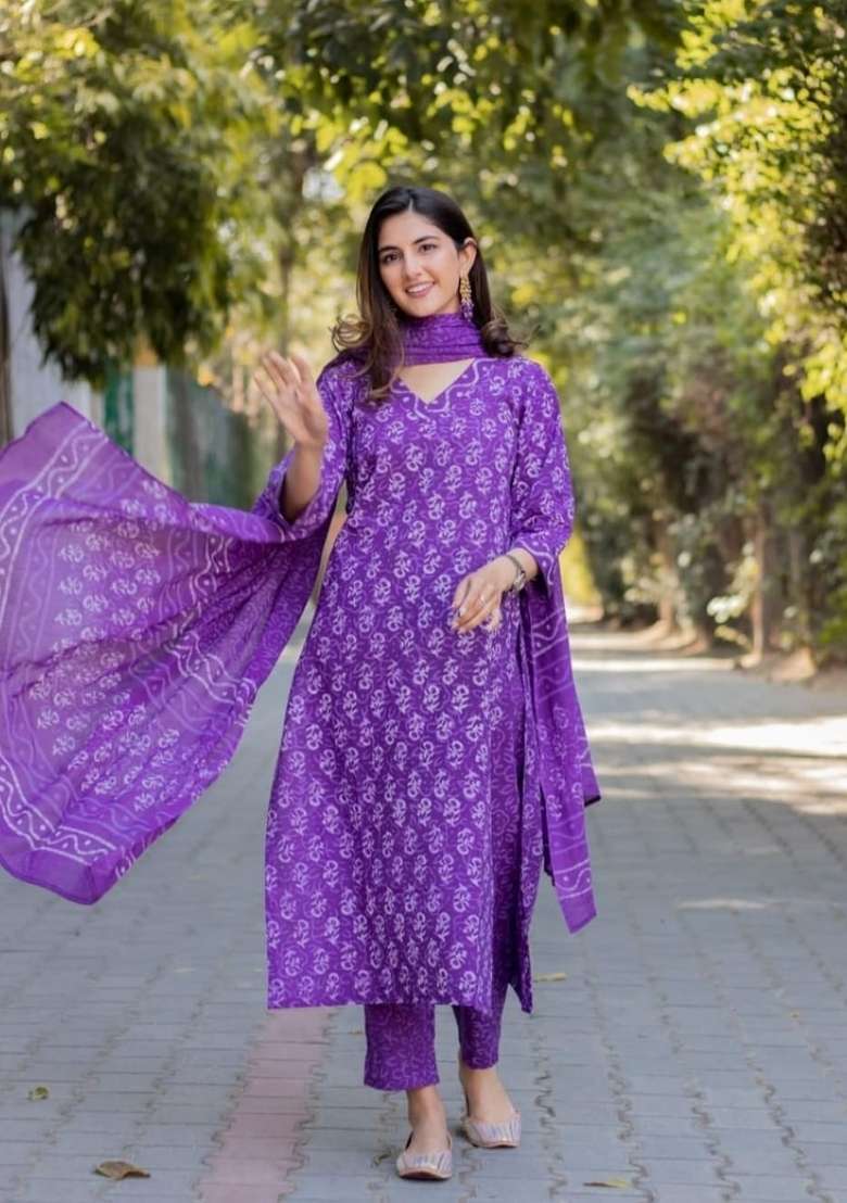 Purple Printed Cotton Kurta Set - Indya