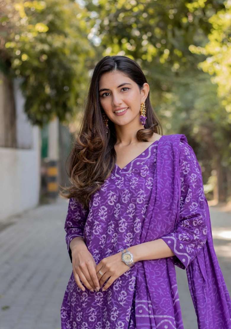 Purple Printed Cotton Kurta Set - Indya