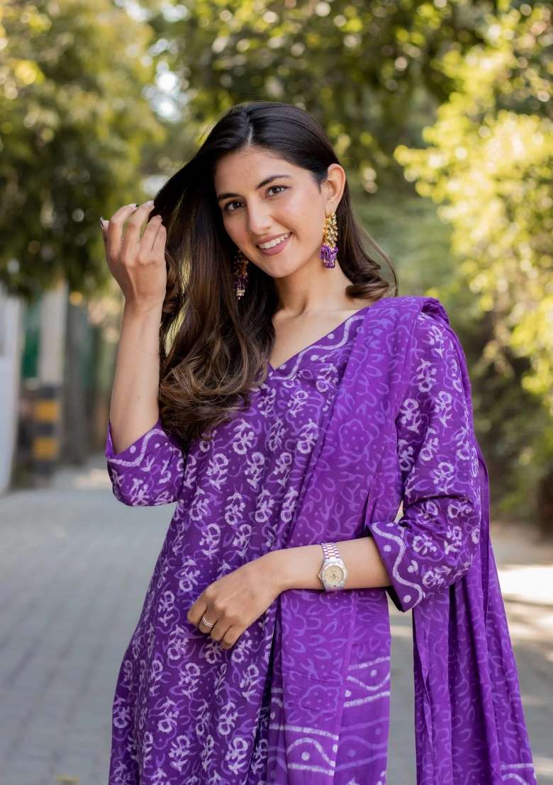 Purple Printed Cotton Kurta Set - Indya