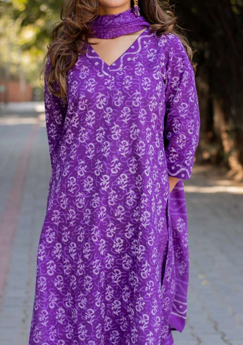 Purple Printed Cotton Kurta Set - Indya