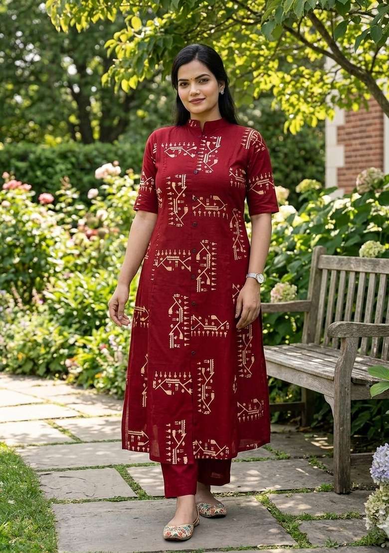 Red Printed Cotton Kurta Set - Indya