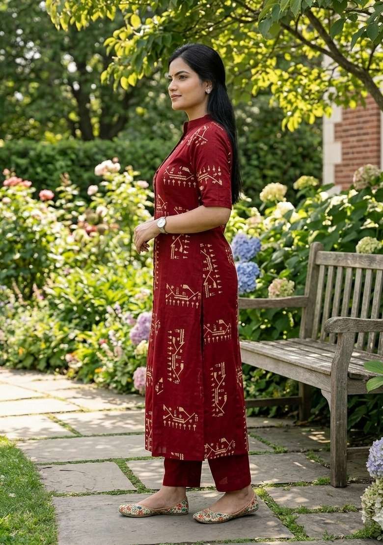 Red Printed Cotton Kurta Set - Indya