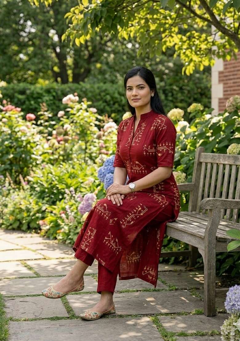Red Printed Cotton Kurta Set - Indya