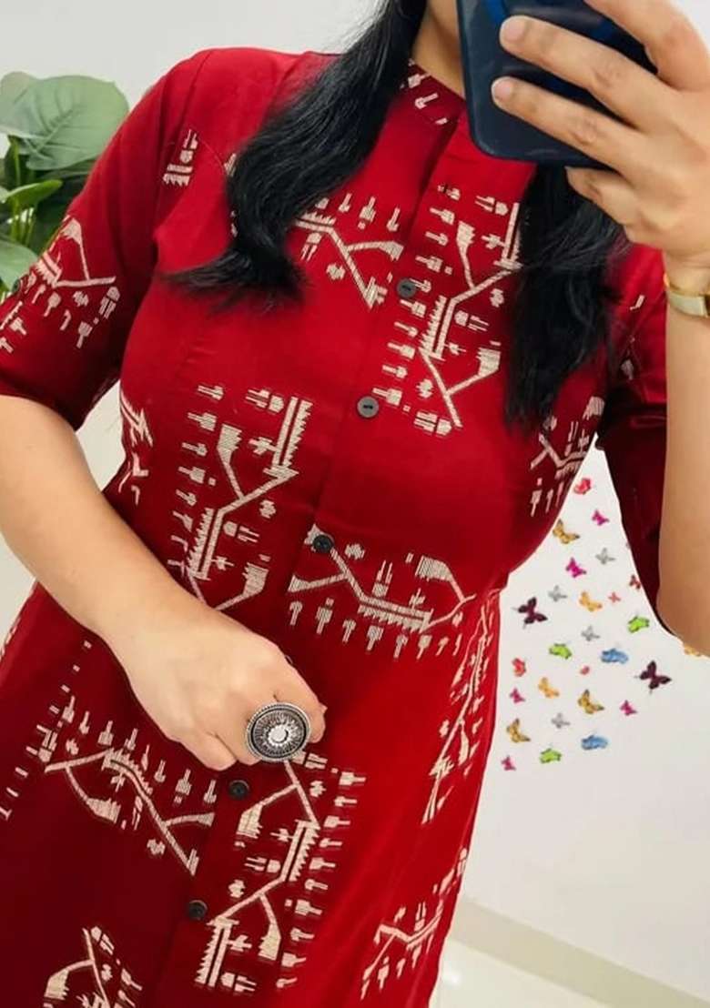 Red Printed Cotton Kurta Set - Indya