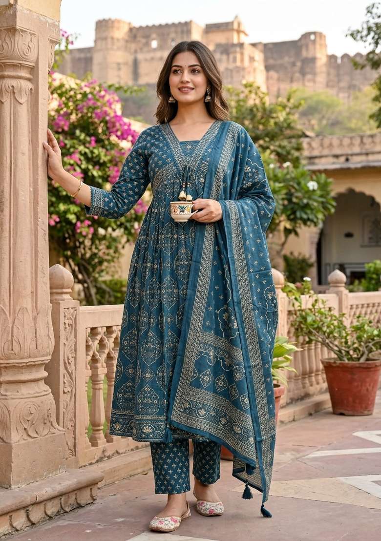 Teal Green Printed Cotton Kurta Set - Indya