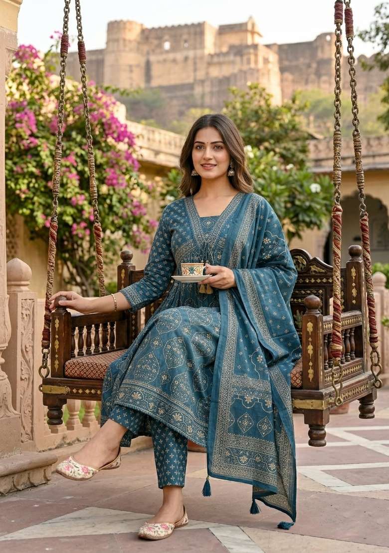 Teal Green Printed Cotton Kurta Set - Indya