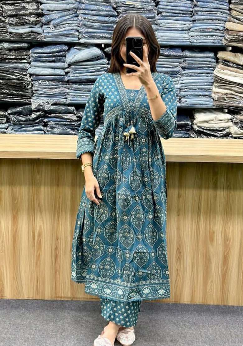 Teal Green Printed Cotton Kurta Set - Indya