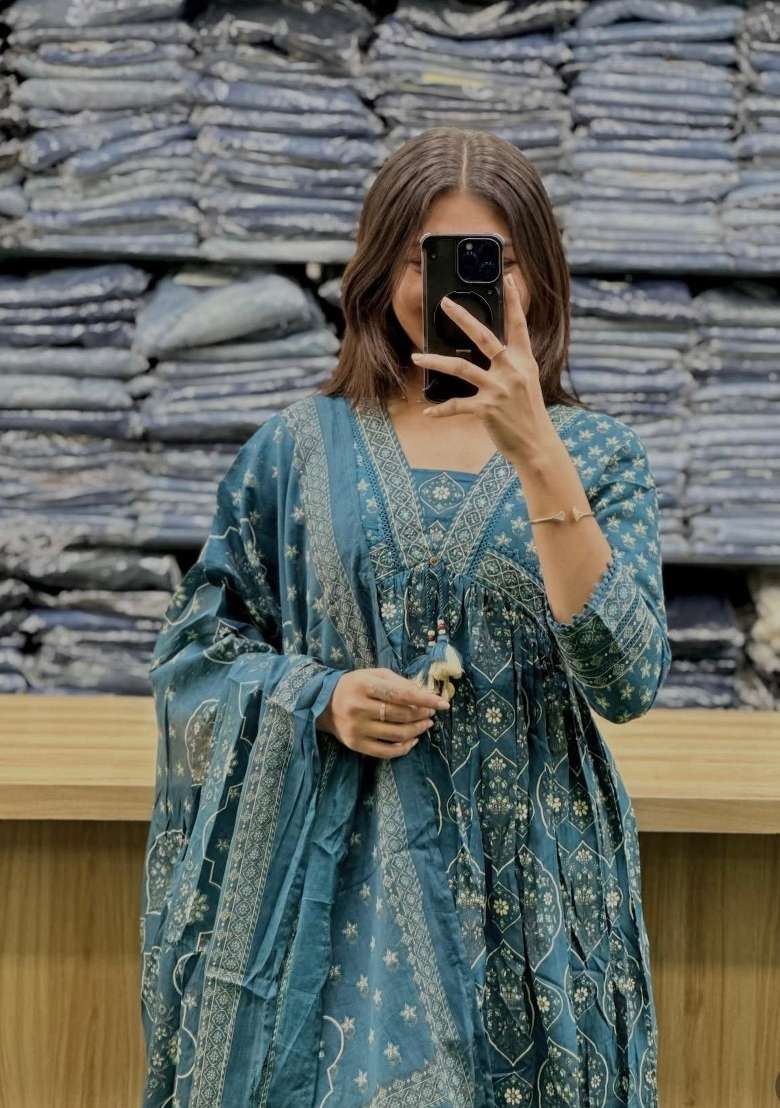 Teal Green Printed Cotton Kurta Set - Indya