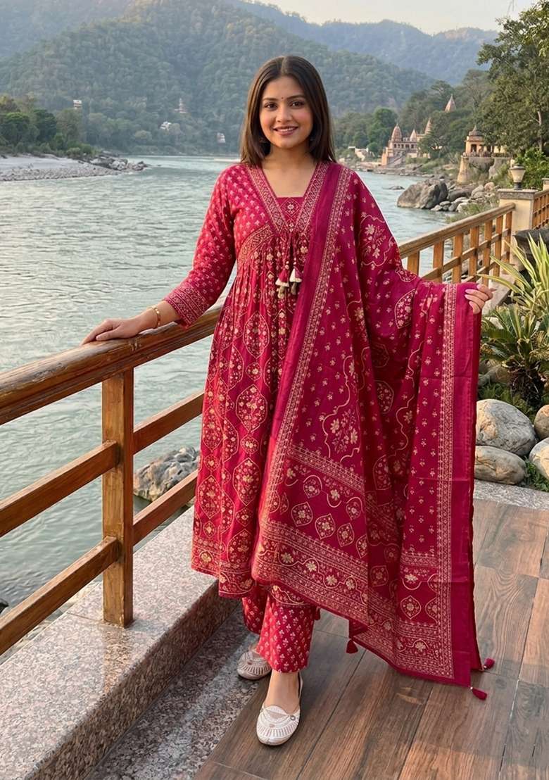 Rani Pink Printed Cotton Kurta Set - Indya