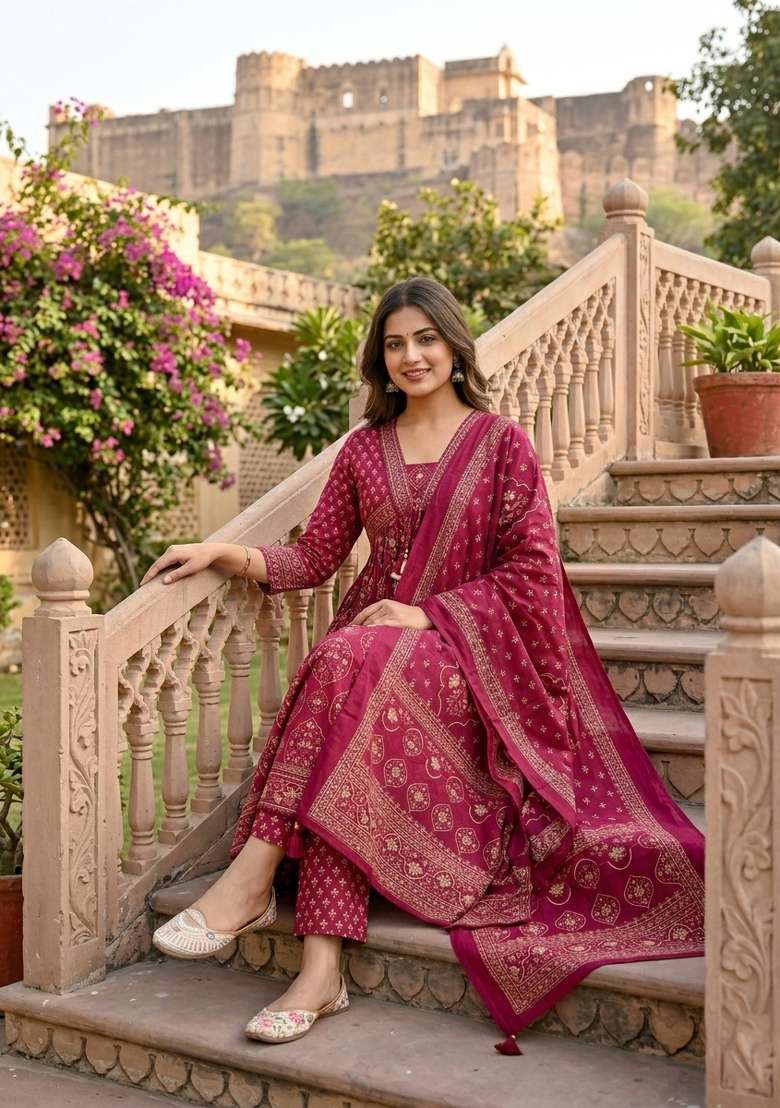Rani Pink Printed Cotton Kurta Set - Indya