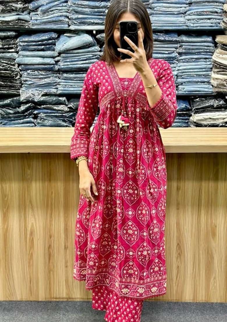 Rani Pink Printed Cotton Kurta Set - Indya