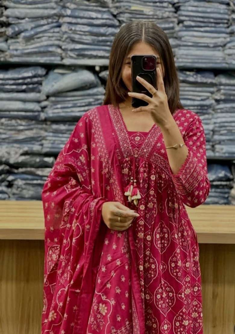 Rani Pink Printed Cotton Kurta Set - Indya