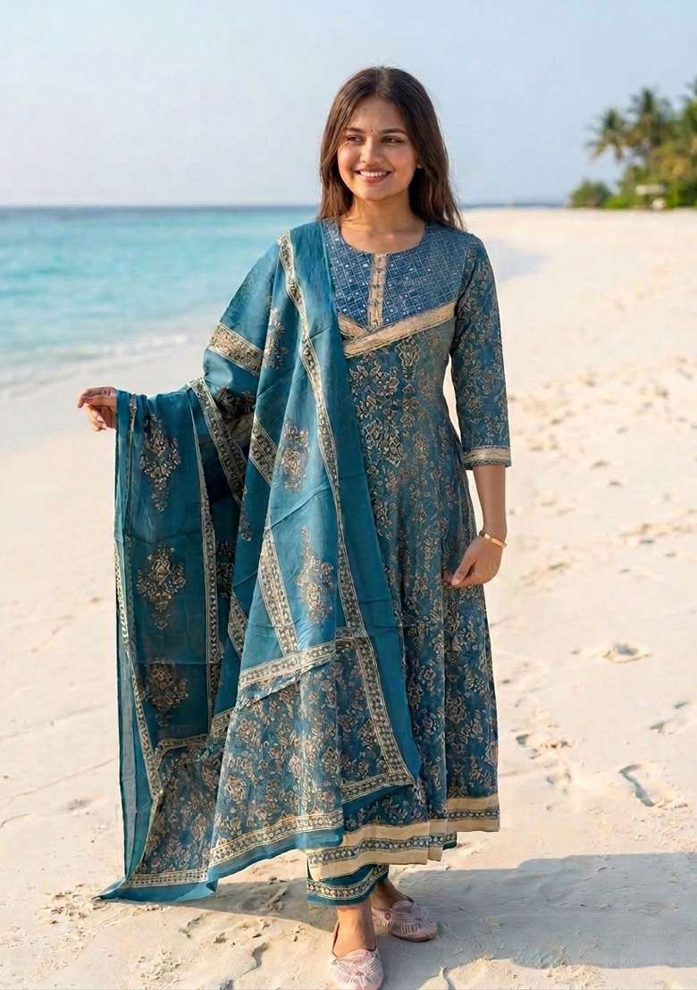 Teal Green Printed Cotton Kurta Set - Indya