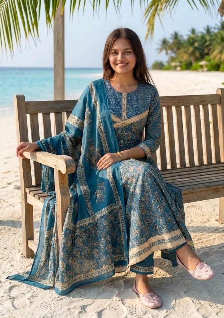 Teal Green Printed Cotton Kurta Set - Indya