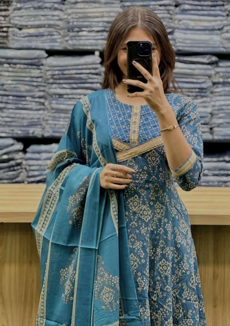 Teal Green Printed Cotton Kurta Set - Indya