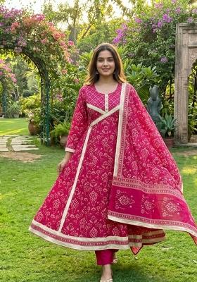 Rani Pink Printed Cotton Kurta Set