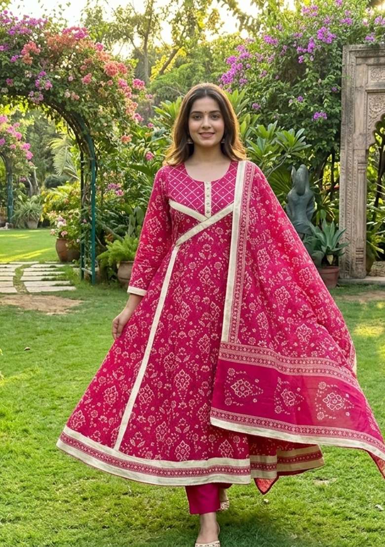 Rani Pink Printed Cotton Kurta Set - Indya