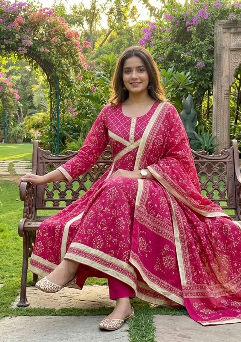 Rani Pink Printed Cotton Kurta Set - Indya