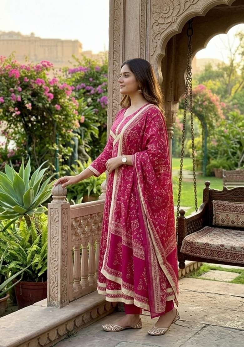 Rani Pink Printed Cotton Kurta Set - Indya