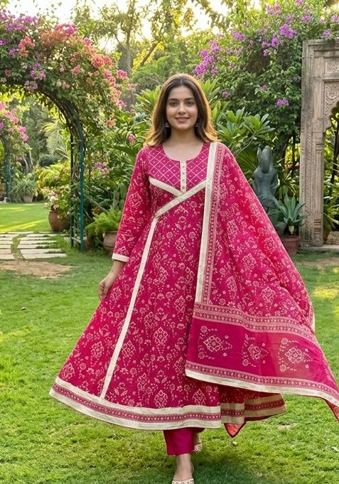 Rani Pink Printed Cotton Kurta Set
