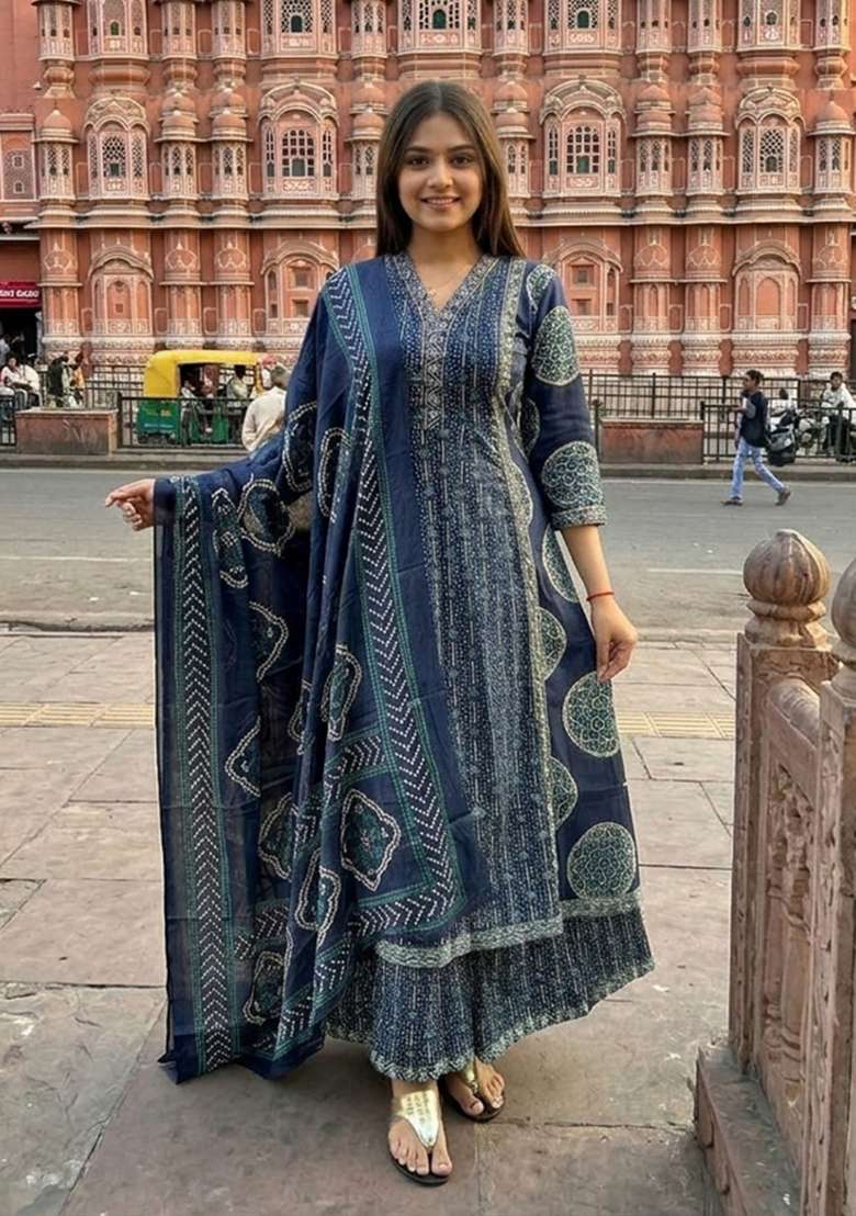 Blue Printed Cotton Kurta Set - Indya